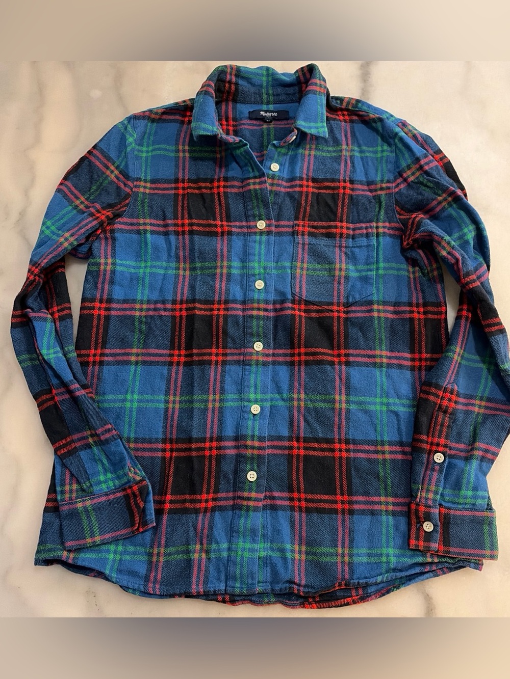 Madewell Men's Blue Plaid Button-Down Shirt with Red and Green Accents
